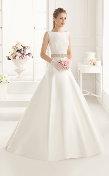 Satin Sleeveless A-Line Dress With Beaded Sash