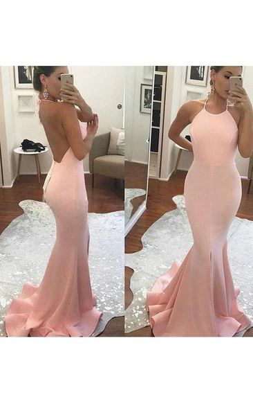 Mermaid Trumpet Satin Halter Sleeveless Open Back Deep-V Back Dress