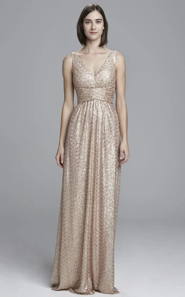 Maxi V-Neck Sleeveless Ruched Sequin Bridesmaid Dress