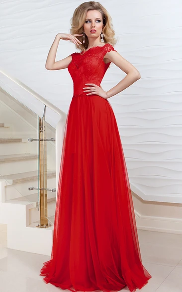 A-Line Long Bateau Cap-Sleeve Pleated Tulle&Lace Prom Dress With Low-V Back