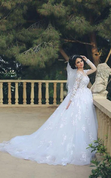 Glamorous Illusion Tulle Lace Appliques Wedding Dress Long Sleeve Zipper