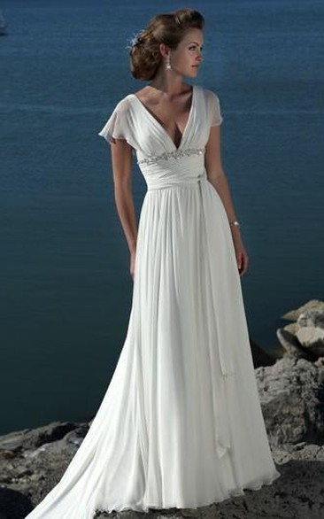 A-line V-neck Short Sleeves Beading Sweep Train Chiffon Beach Wedding Dress