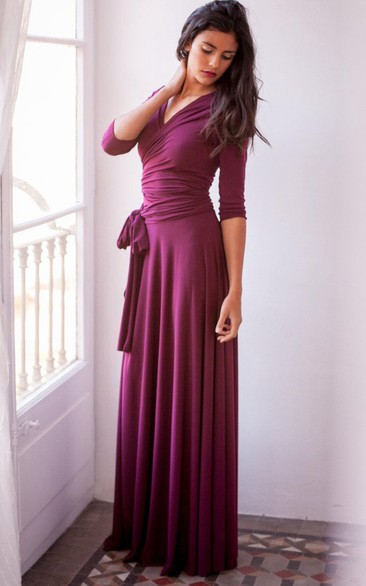 Floor-length Long Sleeve Jersey&Satin Dress