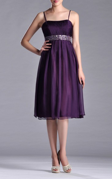 Knee-length A-line Chiffon Bridesmaid Dress With Beaded Belt and Spaghette Straps