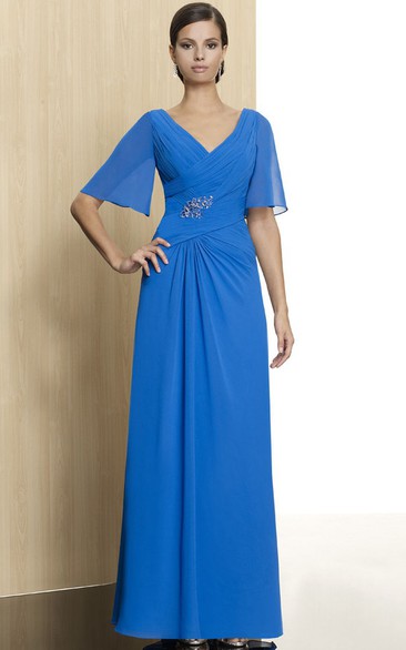 Bell Sleeve V-Neck Criss-Cross Chiffon Formal Dress With Beading