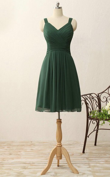 Short V-neck A-line Knee-length Pleats Chiffon Dress