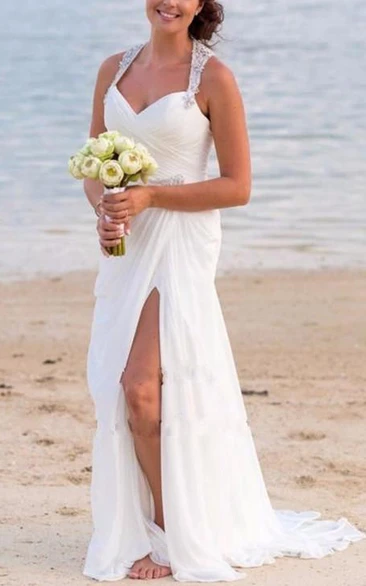 Vintage Beach V Neck Beaded Backless Front Split Sheath Bridal Gown