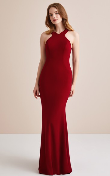 Simple Floor-length Sleeveless Jersey Sheath Cross Back Prom Dress