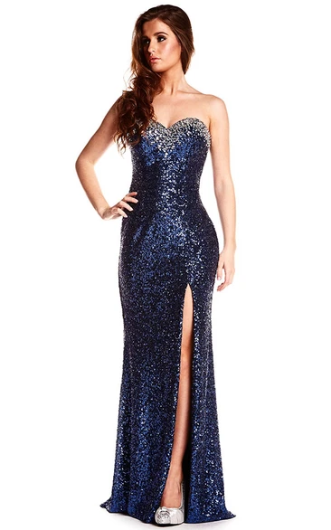 Sleeveless Sweetheart Split-Front Sequin Prom Dress