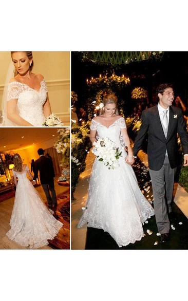 Elegant Off-the-shoulder Tulle Lace Princess Wedding Dress Sweep Train