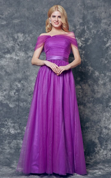 Noble Off-the-shoulder Long A-line Tulle Dress With Pleats