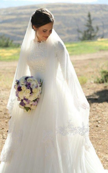 Modest A-Line Ball Gown High-Neck Half Sleeves Lace Appliques Tulle Wedding Dress