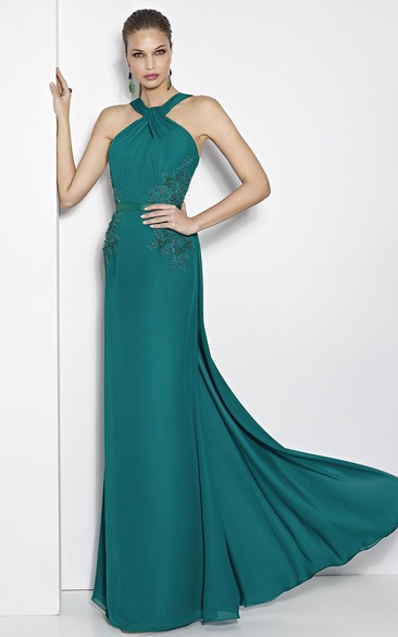 Maxi Halter Sleeveless Appliqued Chiffon Prom Dress