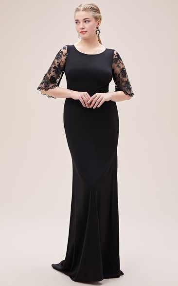 Elegant Brush Train Half Sleeve Jersey Sheath Zipper Prom Dress with Lace