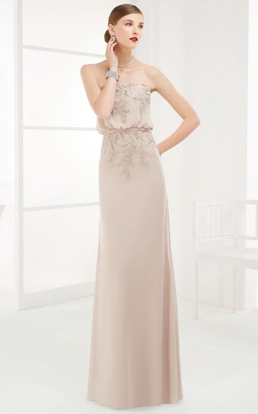 Strapless Sheath Long Prom Dress With Appliqued Top And Belt