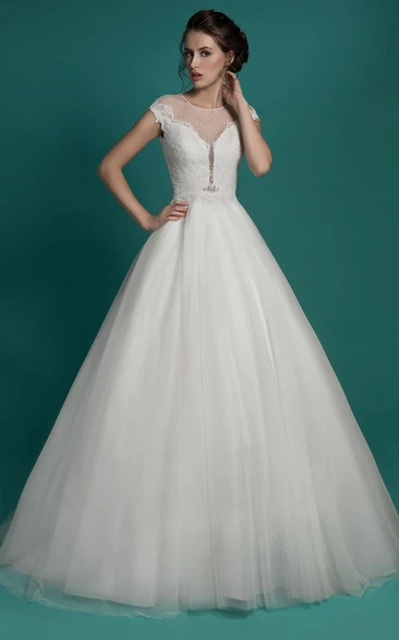 A-Line Floor-Length Jewel-Neck Cap-Sleeve Keyhole Tulle Dress With Beading And Lace