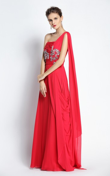 A-Line Floor-length One-shoulder Chiffon Sleeveless Prom Dress with Beading and Draping