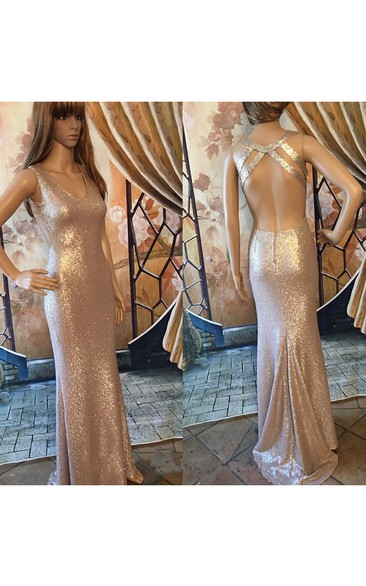 V-neck Form Fitted Sequined Dress With Open Back