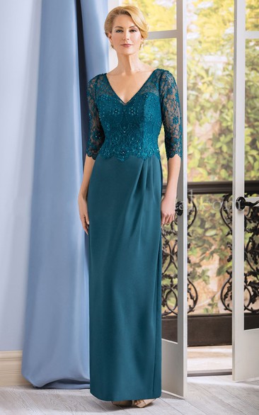 3-4 Sleeved V-Neck Long Mother Of The Bride Dress With Lace Bodice And V-Back