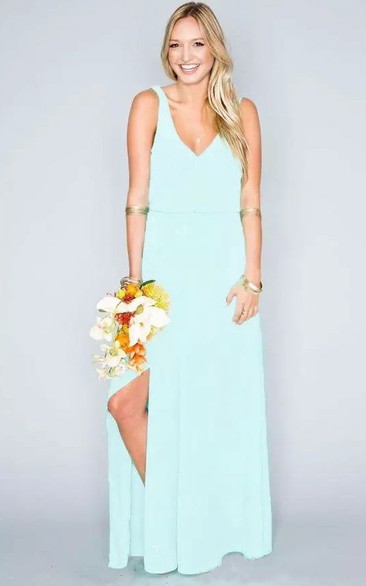 Floor-length Sheath V-neck Chiffon Beach Sleeveless Natural Waist Deep-V Back Dress