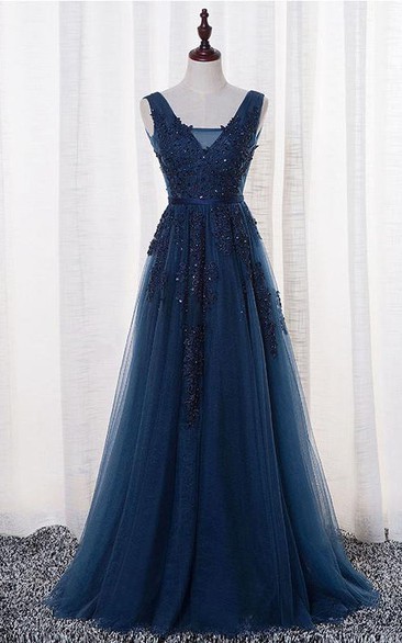 Sleeveless V-neck Long Beaded Tulle Dress