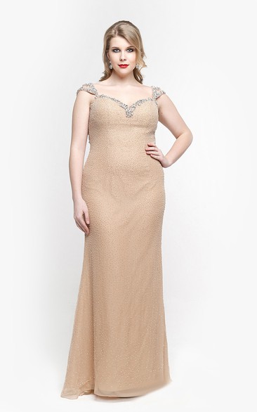 Sweetheart Cap Sleeve Sheath Chiffon Long Dress With Beadings