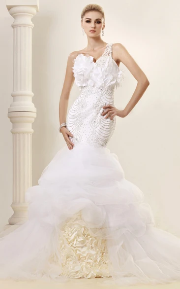 Intricate Column Beaded Tulle Gown With Ruffles and Flower