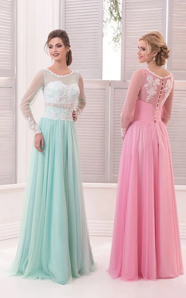 A-Line Floor-Length Sweep Jewel Long Sleeve Tulle Beading Beading Button Dress