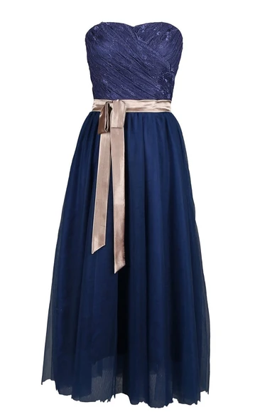 Strapless Long Dress With Lace Trim and Satin Sash