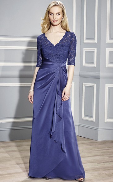 Half Sleeve V-Neck Appliqued Chiffon Formal Dress