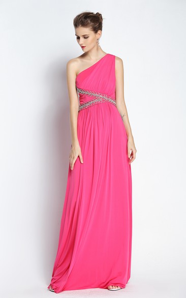 A-Line Floor-length One-shoulder Chiffon Sleeveless Prom Dress with Beading and Ruching