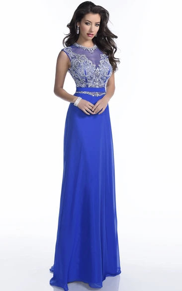 A-Line Sleeveless Chiffon Prom Dress Featuring Jeweled Waistline And Appliques