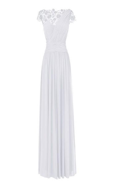 Sleeveless Lace Bateau Ruched Long Pleated Chiffon Dress