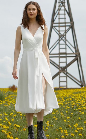 Vintage Chiffon Tea-length Sleeveless A Line Low-V Back Wedding Dress with Sash