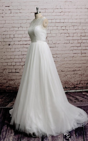 Sleeveless A-Line High Neck Tulle Dress With Lace Bodice and Illusion Back