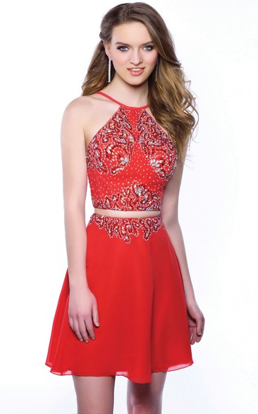 Two Piece Chiffon A-Line Short Sleeveless Homecoming Dress Featuring Bodice Rhinestones