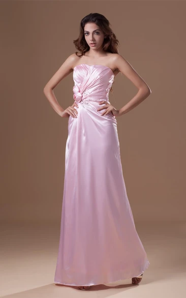 Strapless Ankle-Length Satin Beading and Dress With Flower