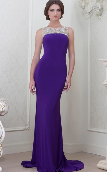 Sheath Sleeveless Floor-Length Jewel-Neck Beaded Jersey Evening Dress