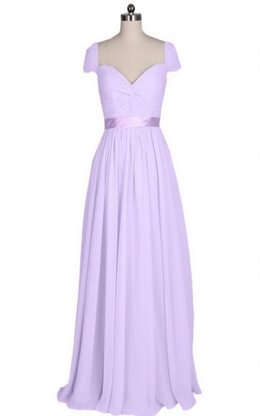 Short-sleeved Long Chiffon Dress With Pleats and Sash