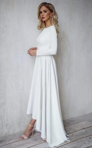 Long Sleeve High-Low Satin Modern Casual/Simple V-Back A Line Wedding Dress