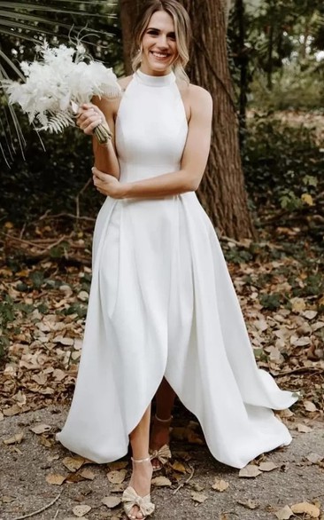 Bohemian Halter High Neck A Line High-Low Sleeveless Wedding Dress