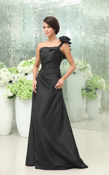 One-Shoulder Taffeta A-Line Gown Floral Shoulder Detail