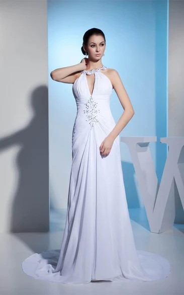 Sleeveless Sheath Ruched Dress With Jeweled Neckline