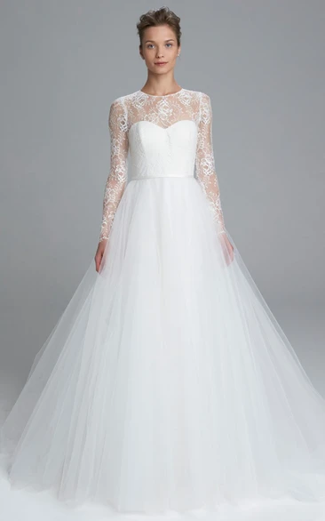 Ball Gown Long-Sleeve High Neck Tulle Wedding Dress With Lace And Illusion