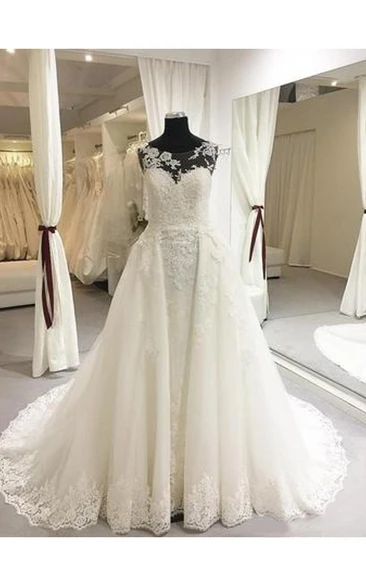 Elegant A-Line Floor-Length Scoop-Neck Sweep Train Wedding Dress With Illusion Back Style