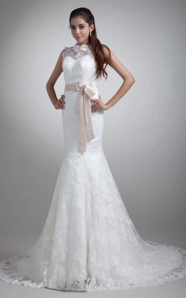 Brilliant Sleeveless Bateau Neck Satin Appliqued Trumpet Wedding Dresses