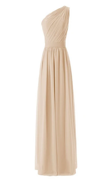 One-shoulder Long Chiffon Dress With Pleats