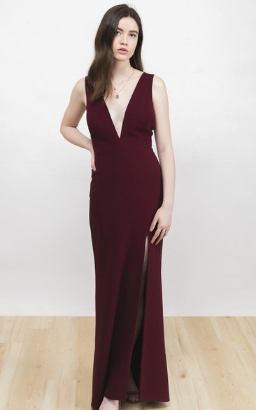 Front Split Sexy Plunging Neckline And Deep V-back Sleeveless Burgundy Dress