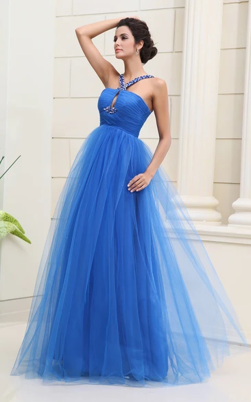 Sleeveless Tulle A-Line Long Dress With Beaded Straps
