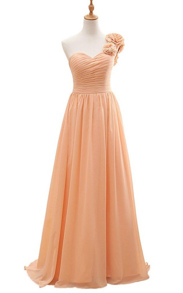 One-shoulder A-line Chiffon Dress With Flowers